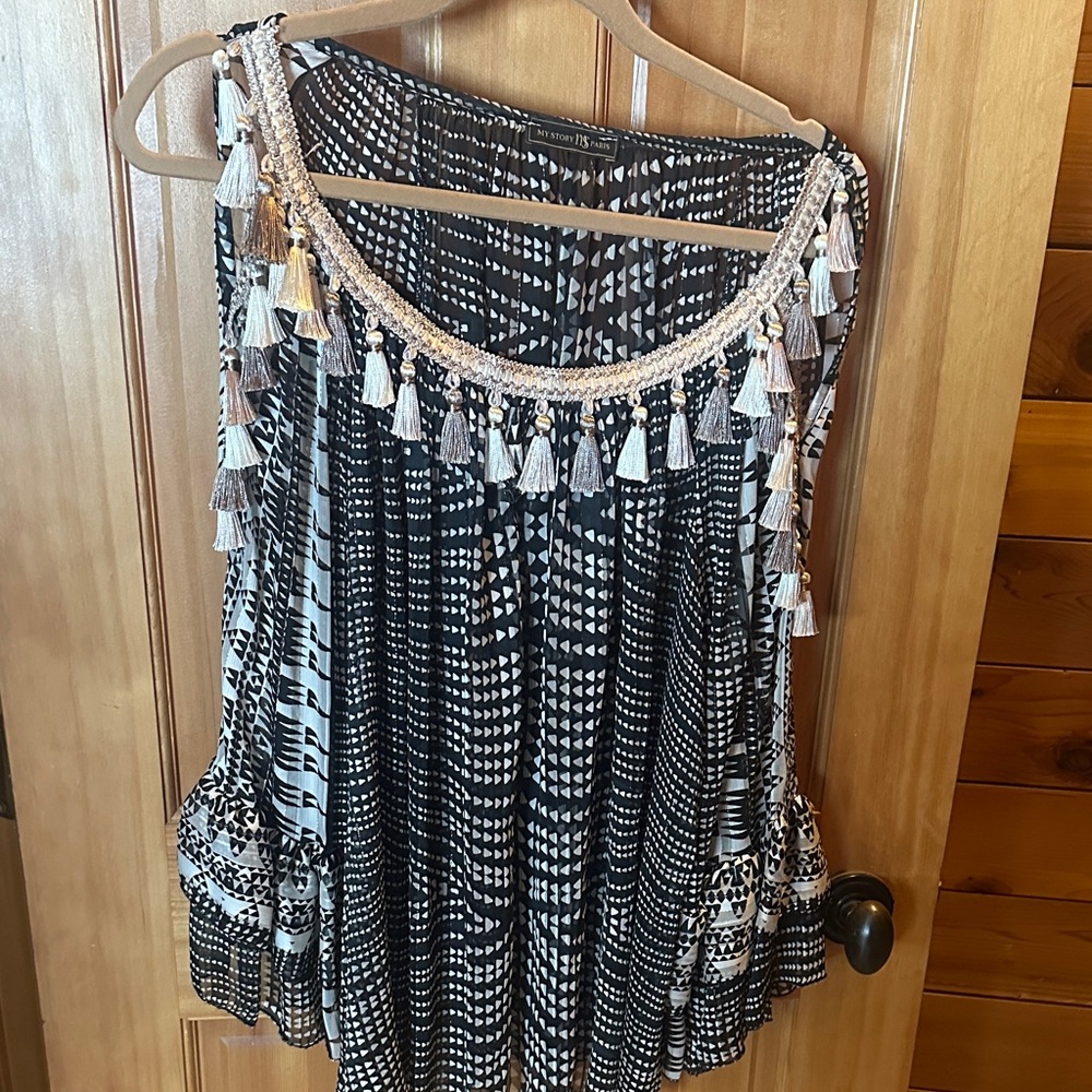 My Story Black & Tan Tassel Trim Cutout Shoulders Flowing Top
